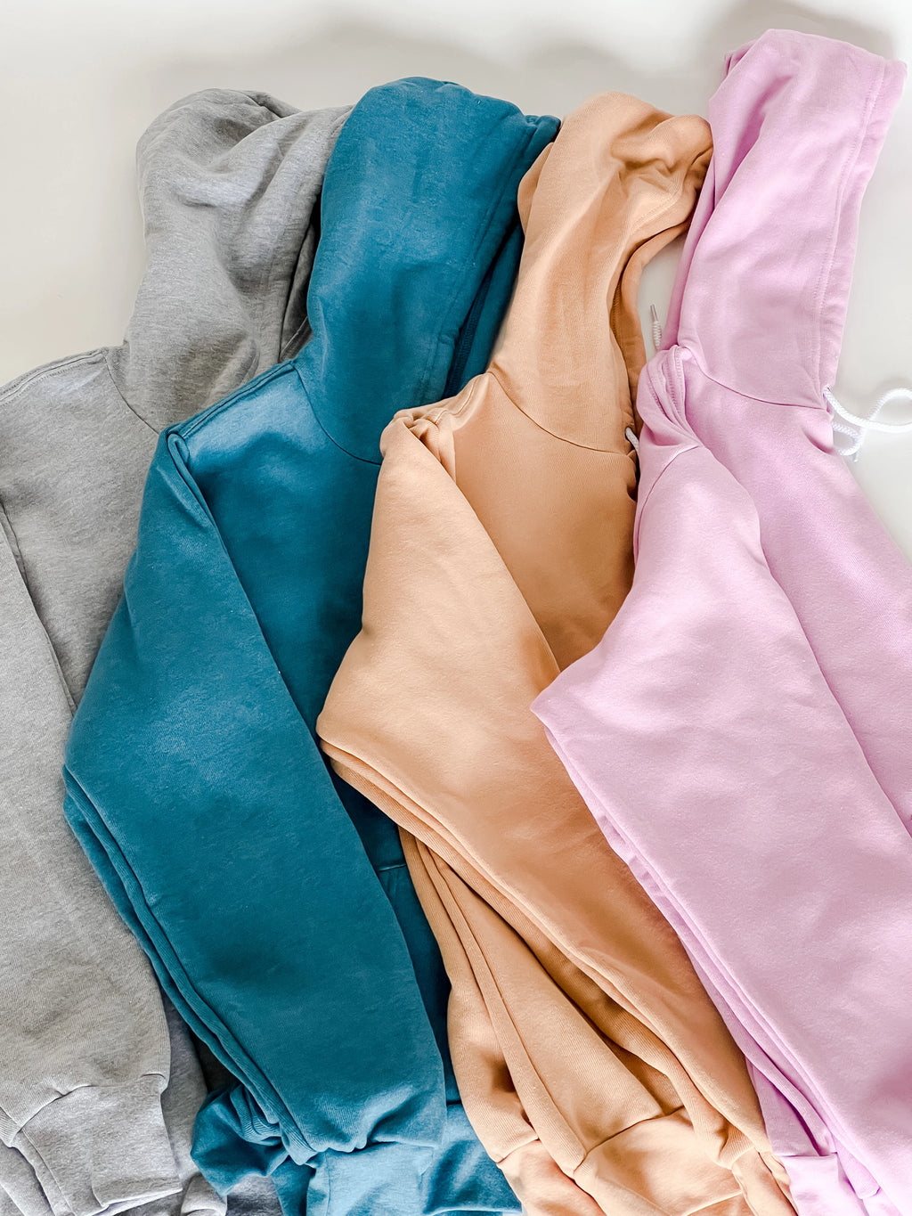 colorful hoodies, premium fleece unisex hoodies in colors, teal, grey, sand and lilac